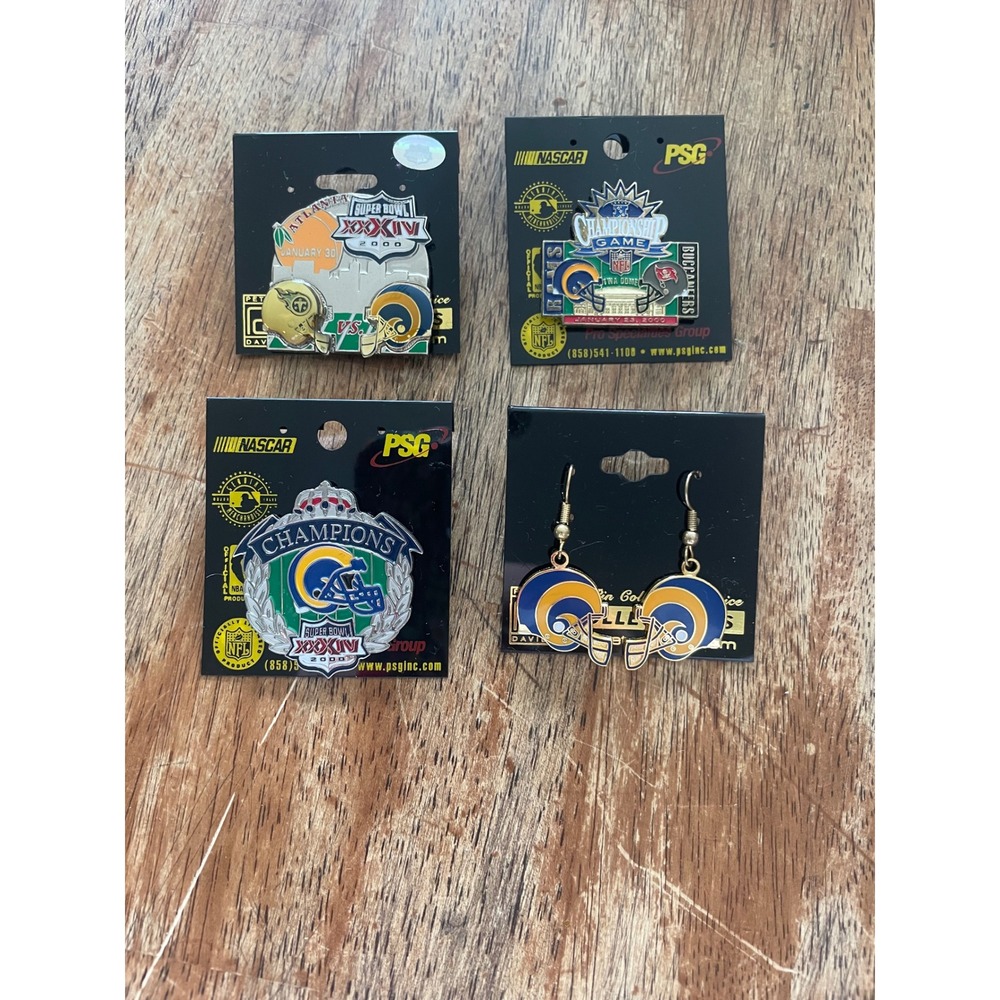 Vintage St Louis Rams Super Bowl XXXIV 2000 Champions Pin Set and Earrings NFL
